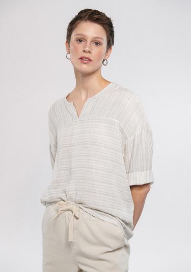  Mavi Keten Karışımlı Çizgili Bej Bluz 1210328-83905