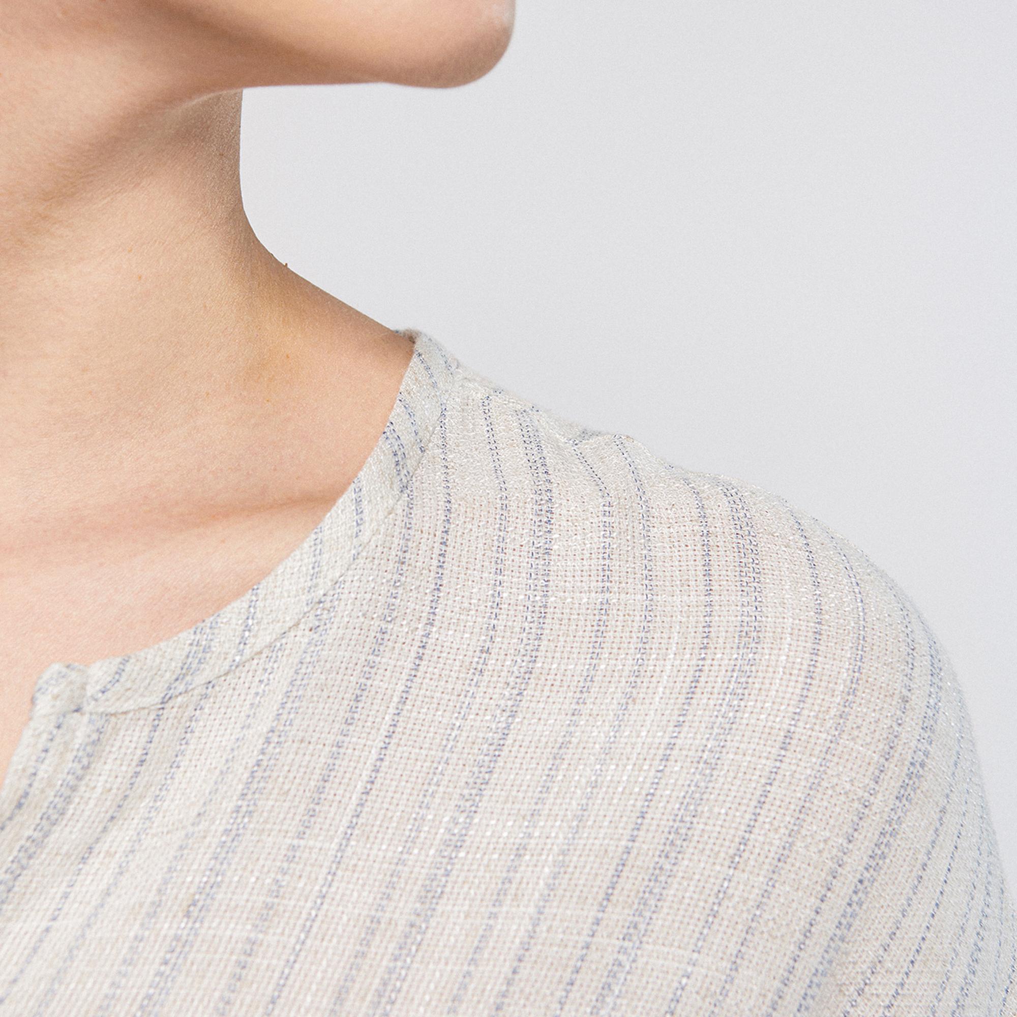 Mavi Keten Karışımlı Çizgili Bej Bluz 1210328-83905