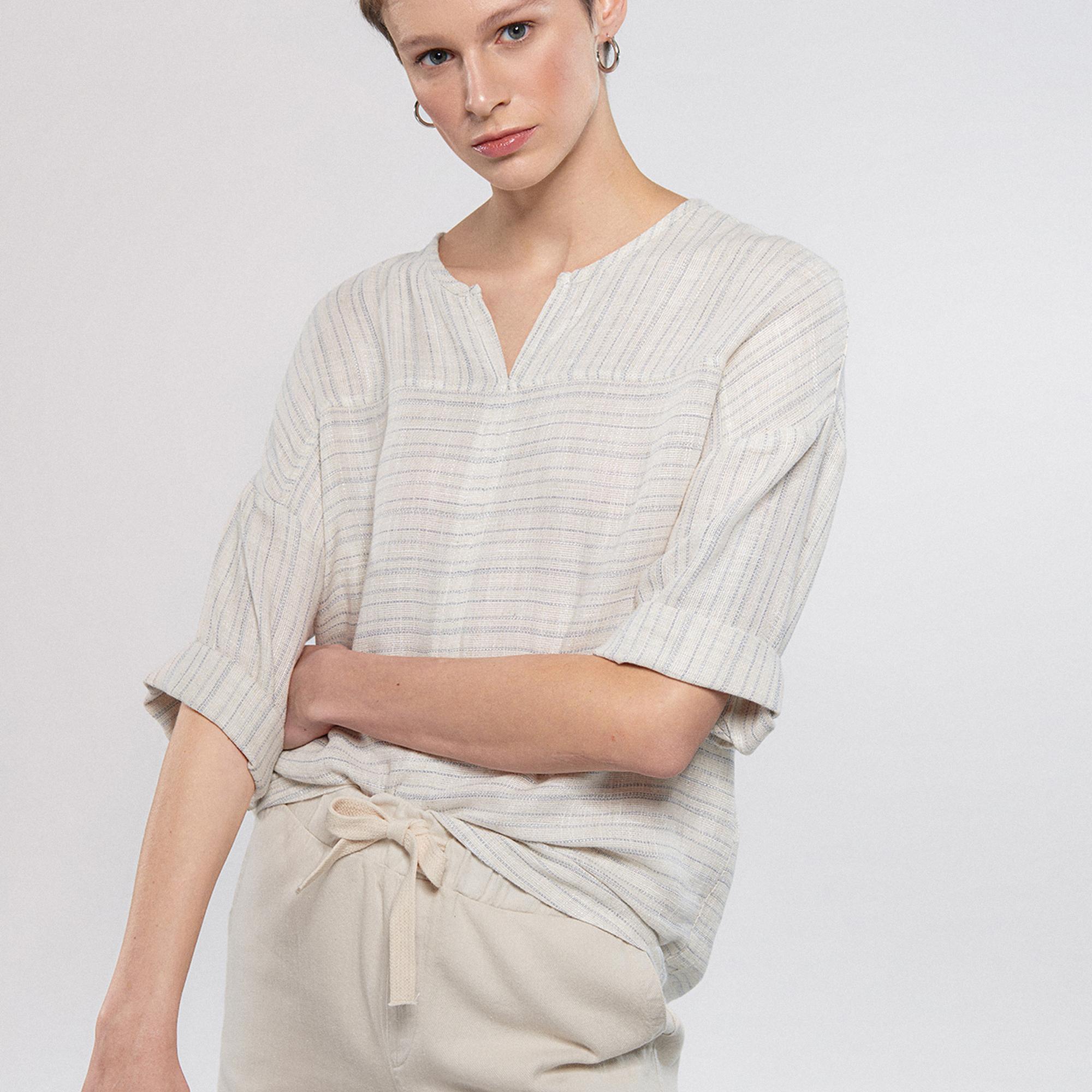 Mavi Keten Karışımlı Çizgili Bej Bluz 1210328-83905