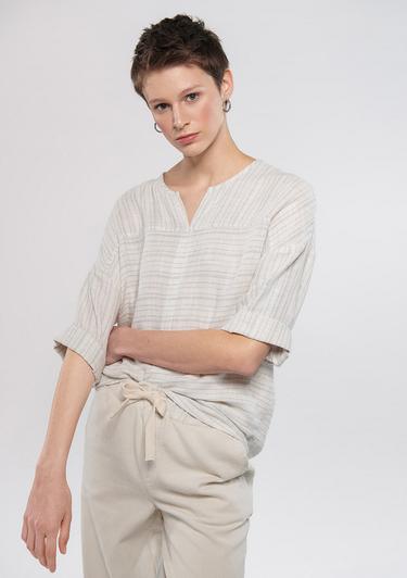  Mavi Keten Karışımlı Çizgili Bej Bluz 1210328-83905