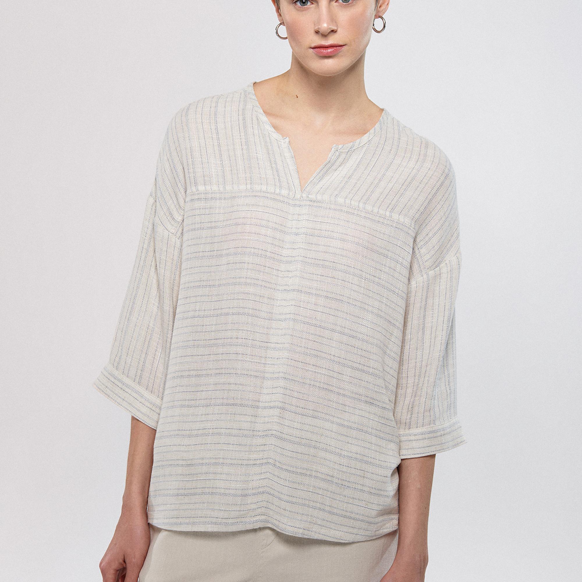 Mavi Keten Karışımlı Çizgili Bej Bluz 1210328-83905