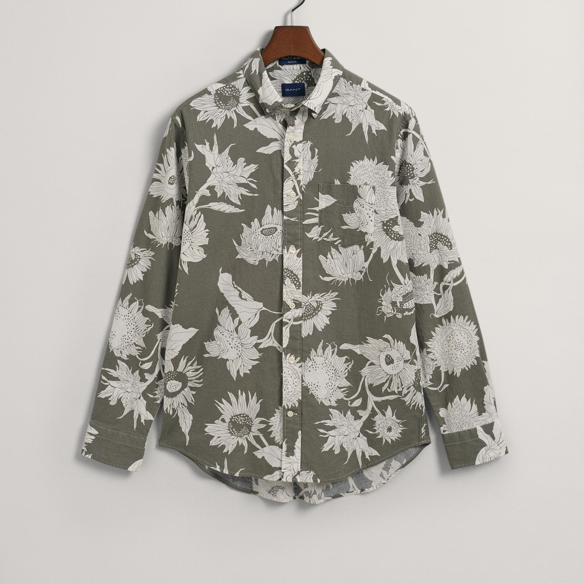 GANT Erkek Yeşil Regular Fit Desenli Keten Gömlek