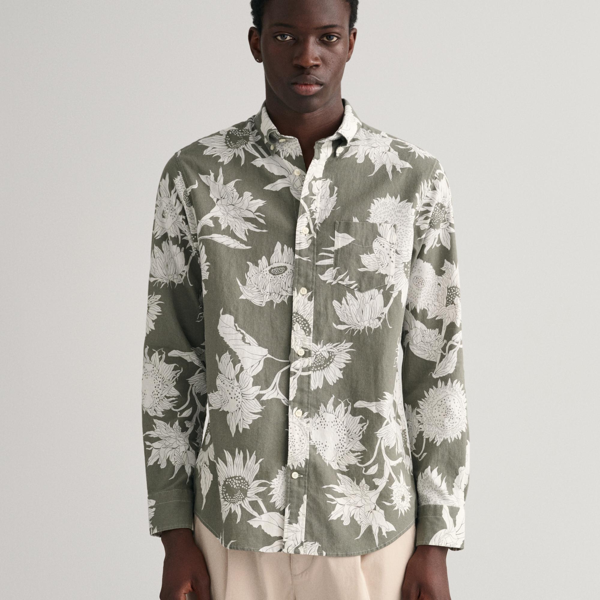 GANT Erkek Yeşil Regular Fit Desenli Keten Gömlek