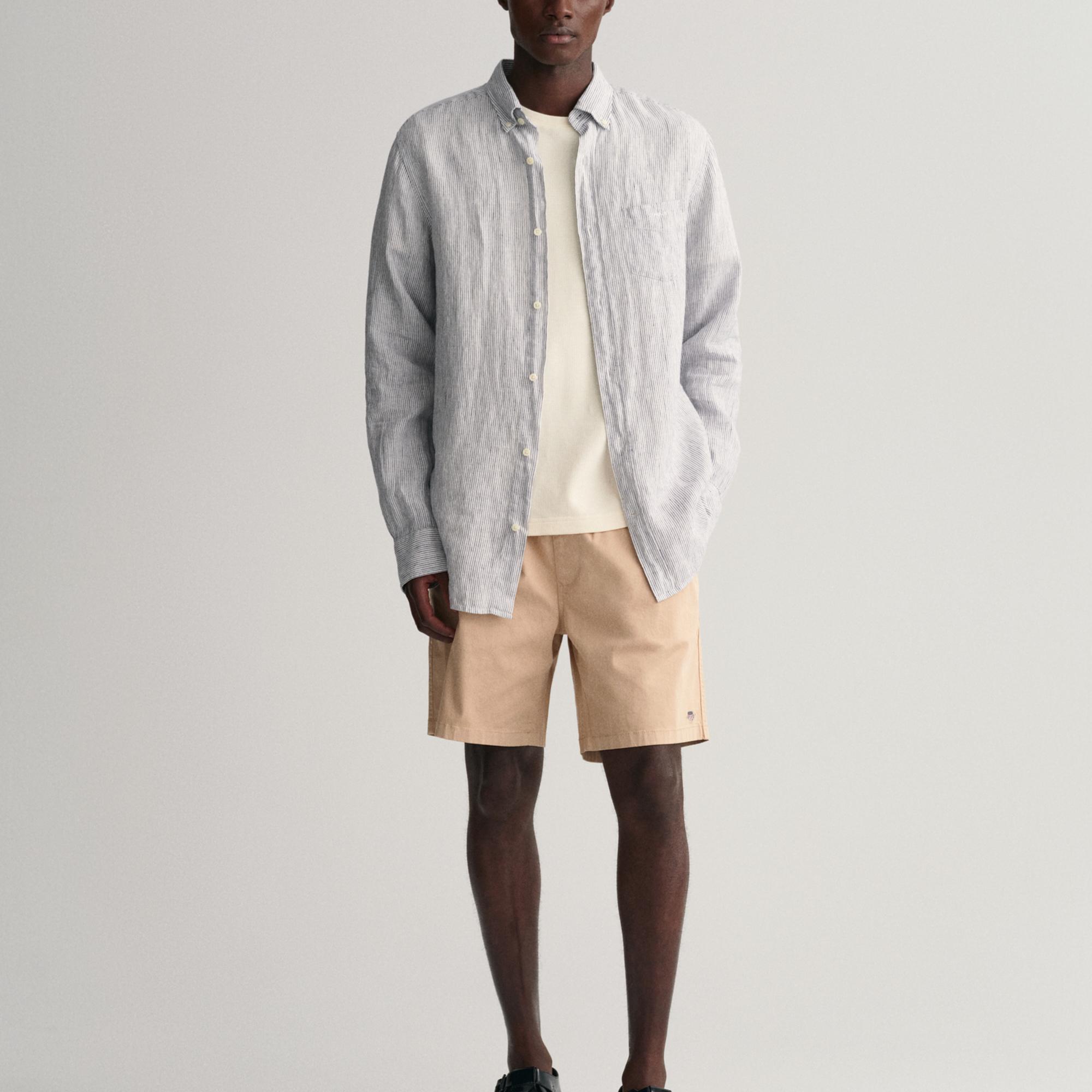 GANT Erkek Lacivert Regular Fit Çizgili Keten Gömlek