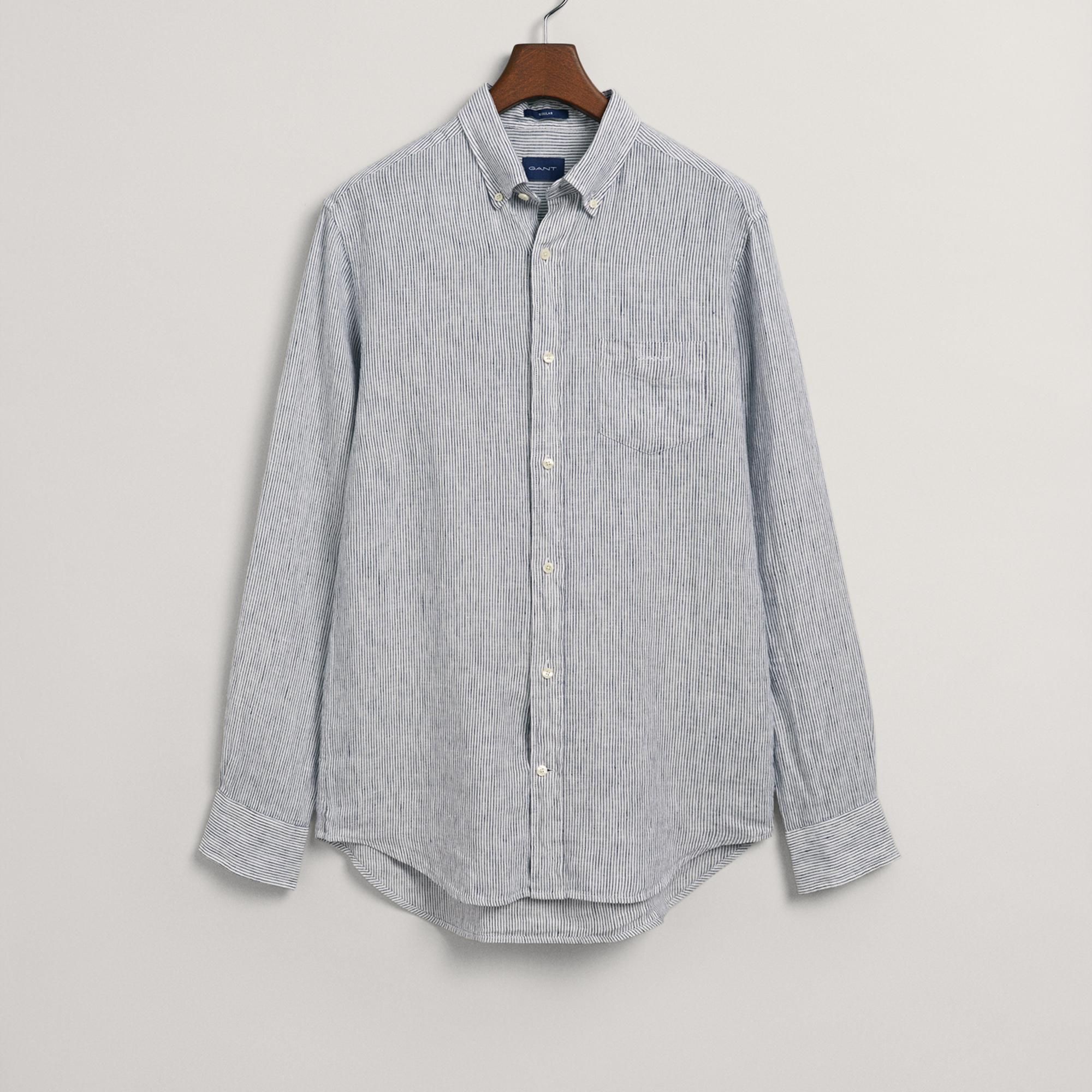 GANT Erkek Lacivert Regular Fit Çizgili Keten Gömlek