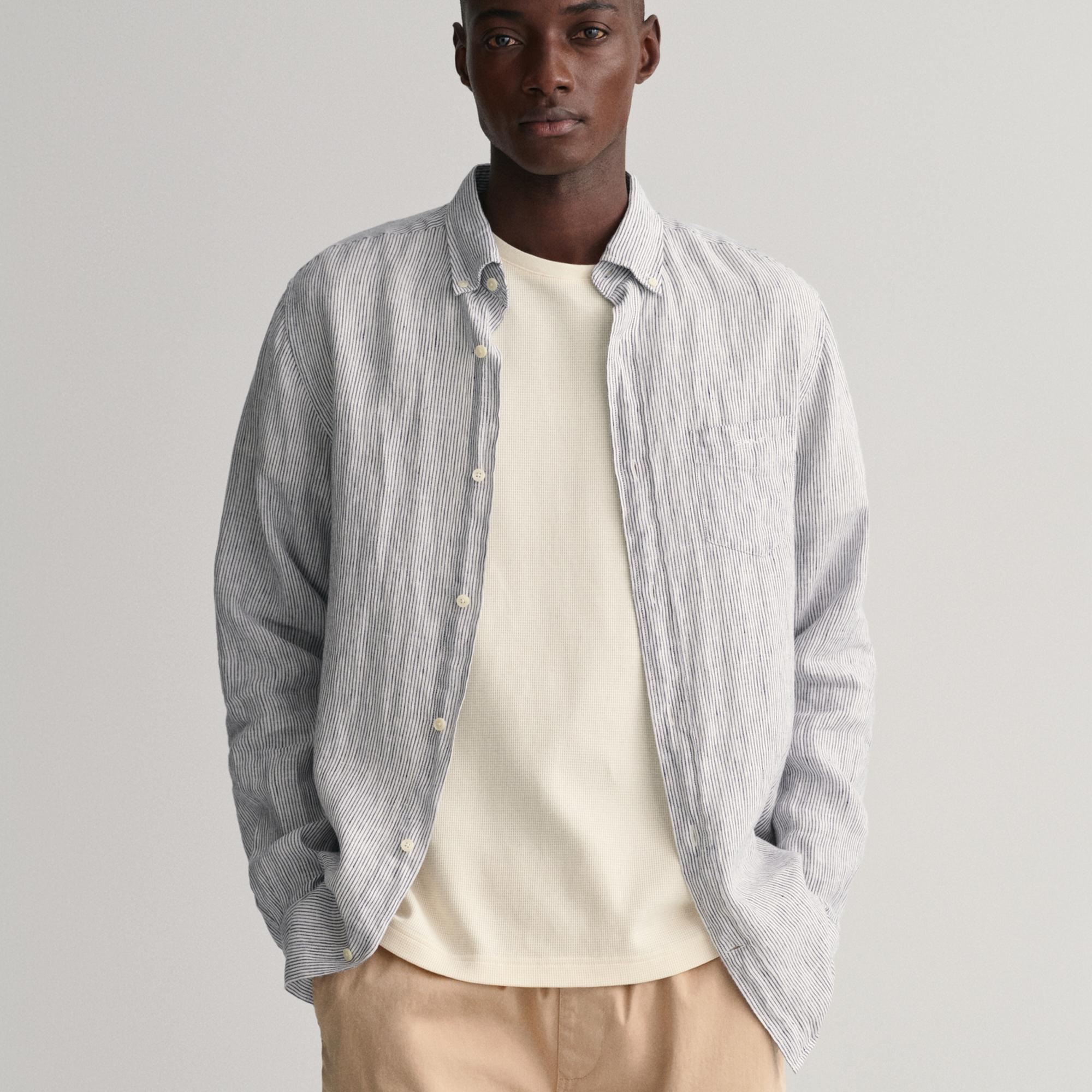 GANT Erkek Lacivert Regular Fit Çizgili Keten Gömlek