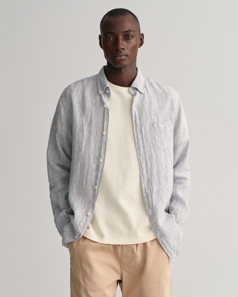  GANT Erkek Lacivert Regular Fit Çizgili Keten Gömlek