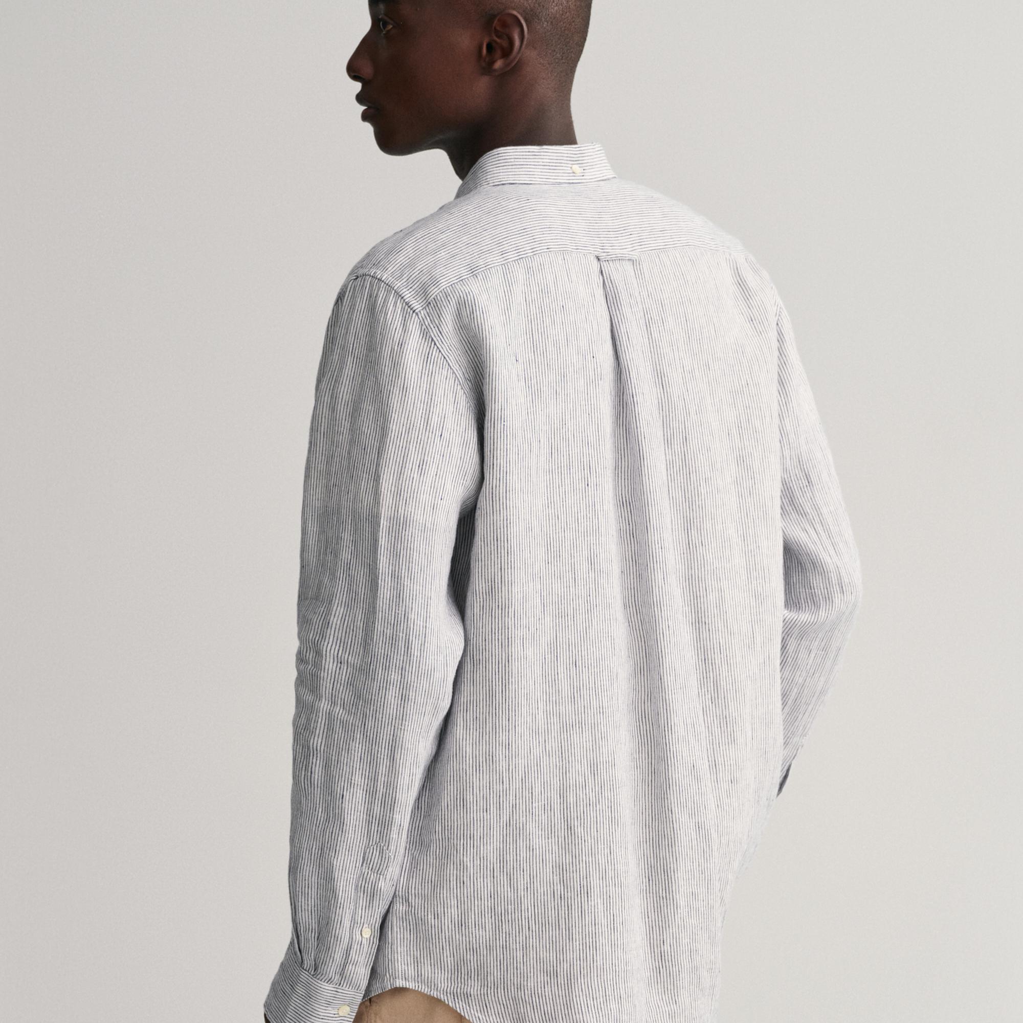 GANT Erkek Lacivert Regular Fit Çizgili Keten Gömlek