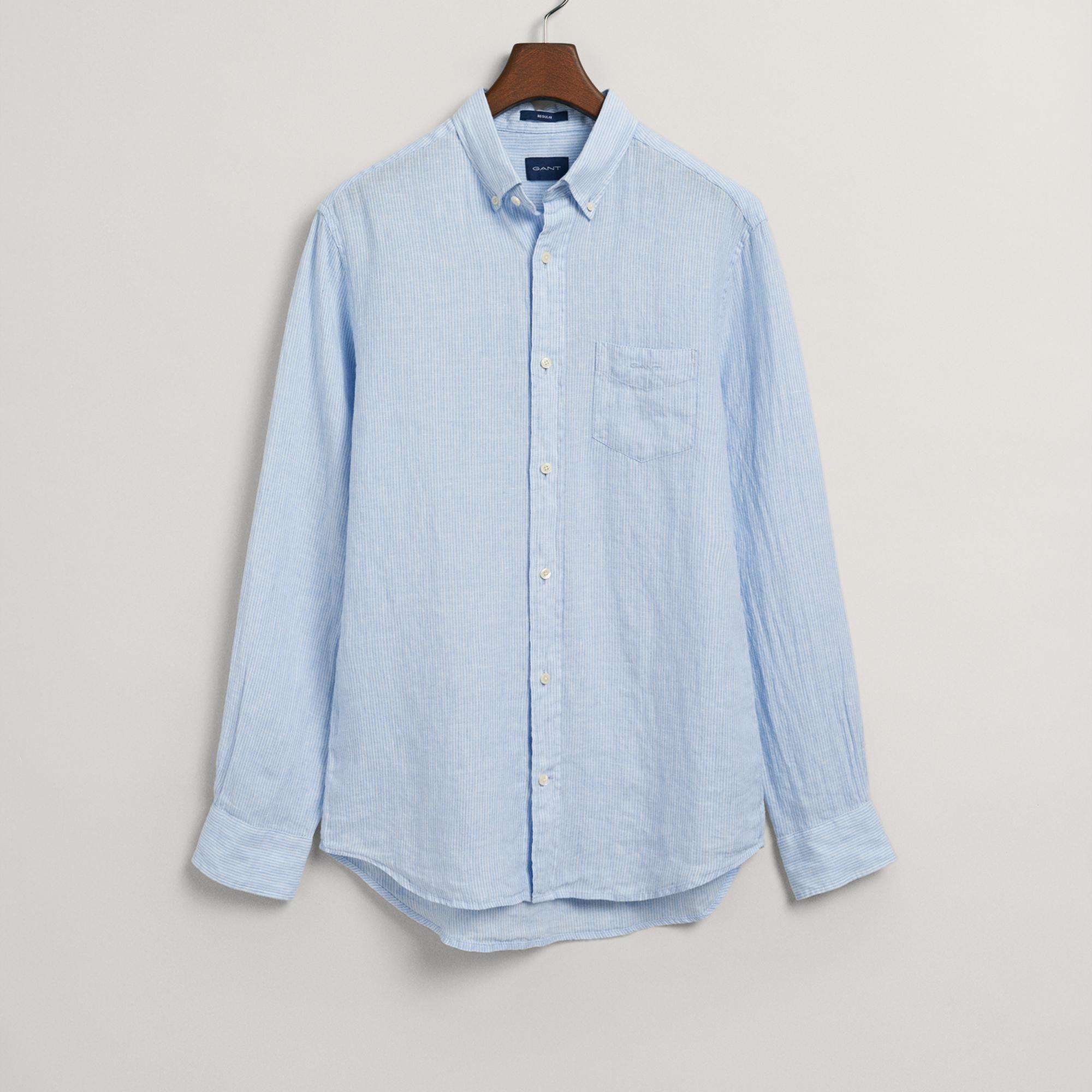 GANT Erkek Mavi Regular Fit Çizgili Keten Gömlek