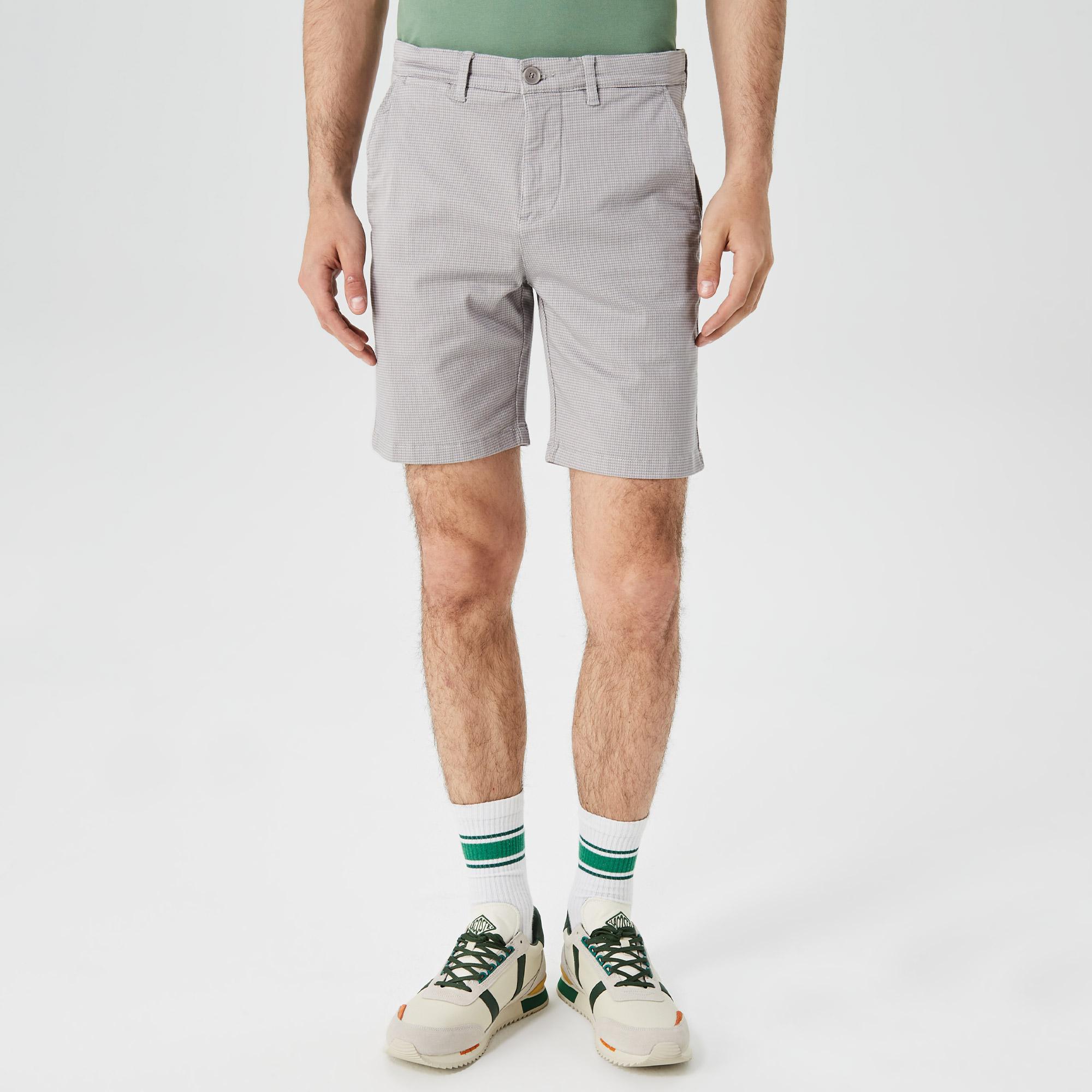 Erkek Slim Fit Desenli Gri Bermuda