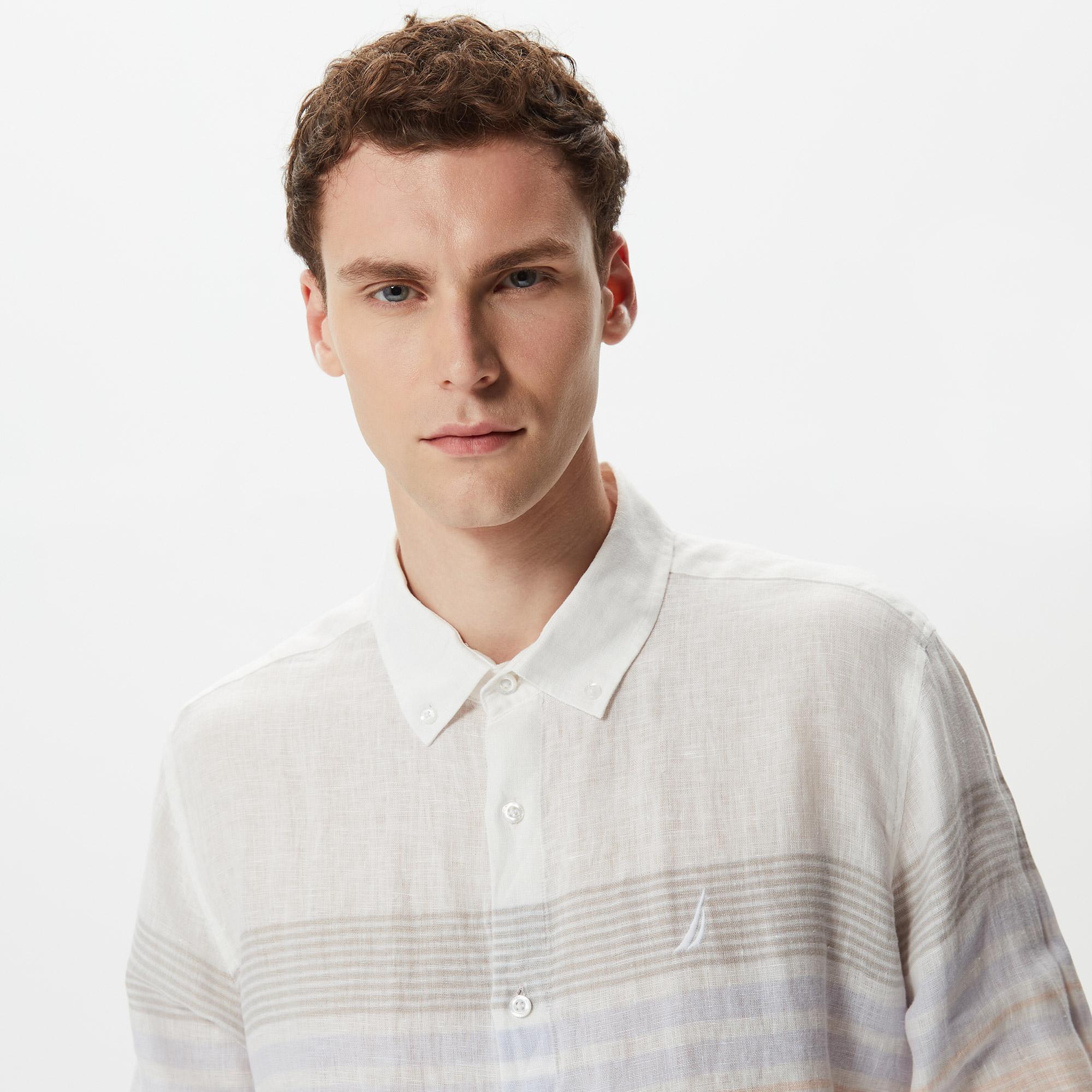 Nautica Erkek Beyaz Classic Fit Uzun Kollu Keten Gömlek
