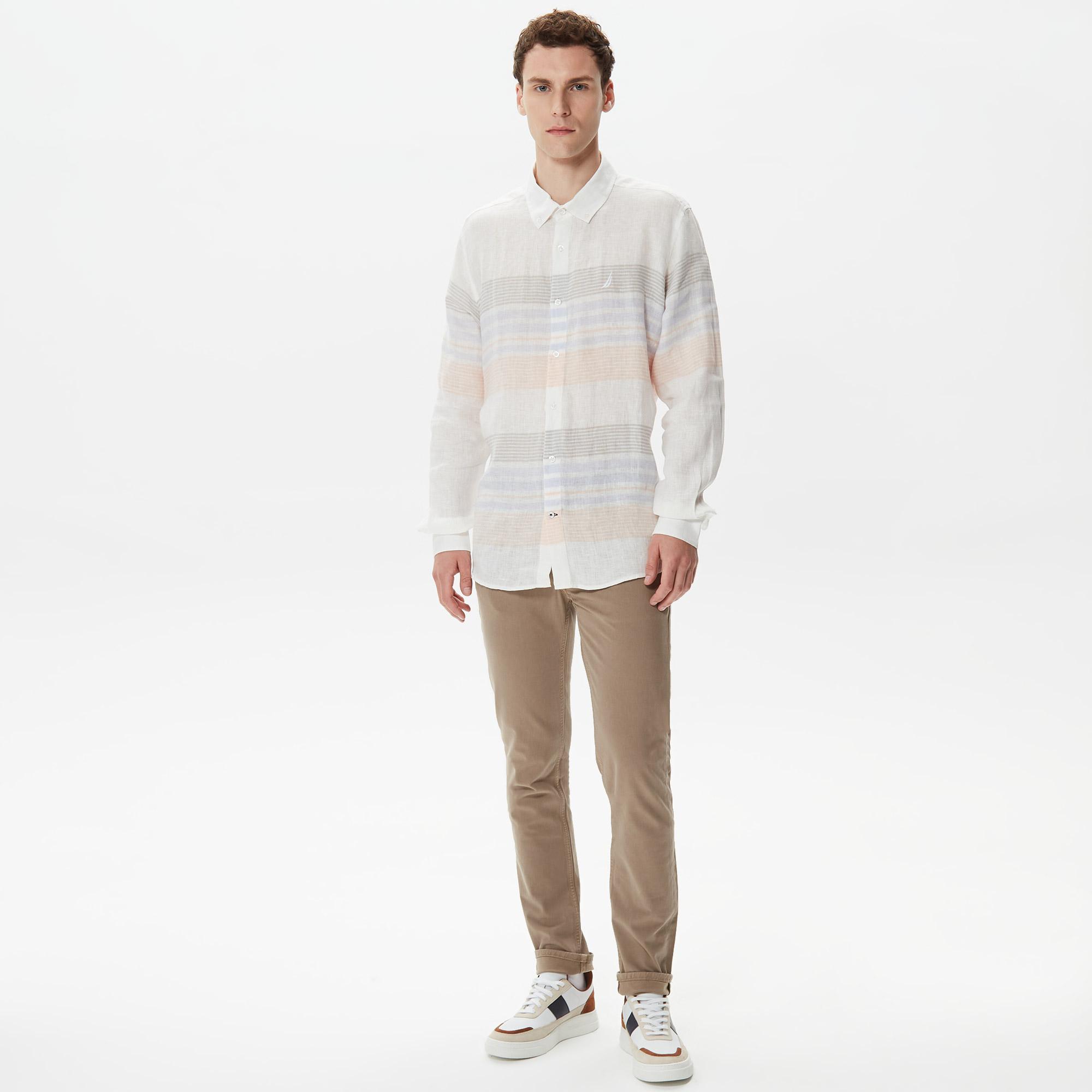 Nautica Erkek Beyaz Classic Fit Uzun Kollu Keten Gömlek