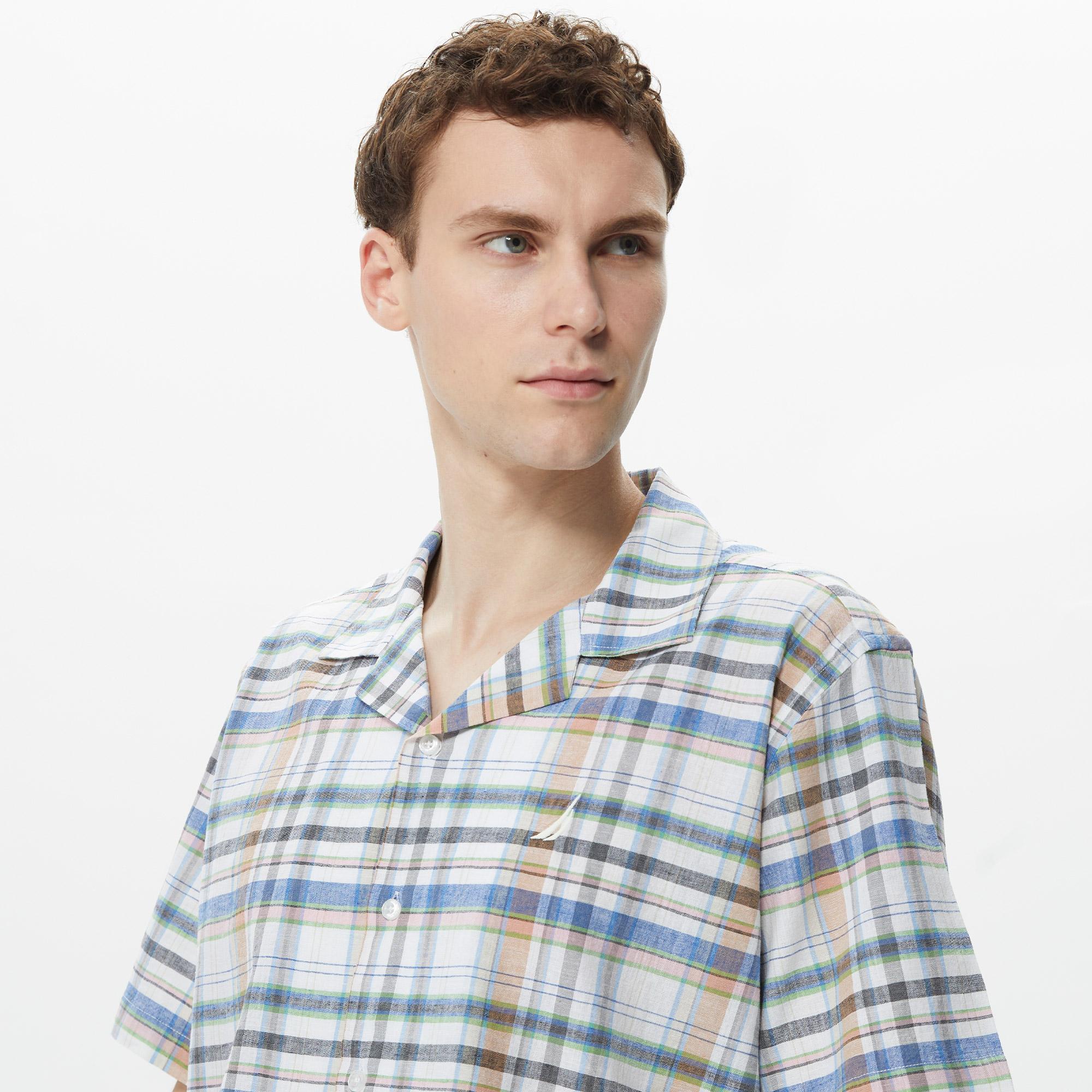 Nautica Erkek Krem Rengi Classic Fit Kısa Kollu Keten Gömlek