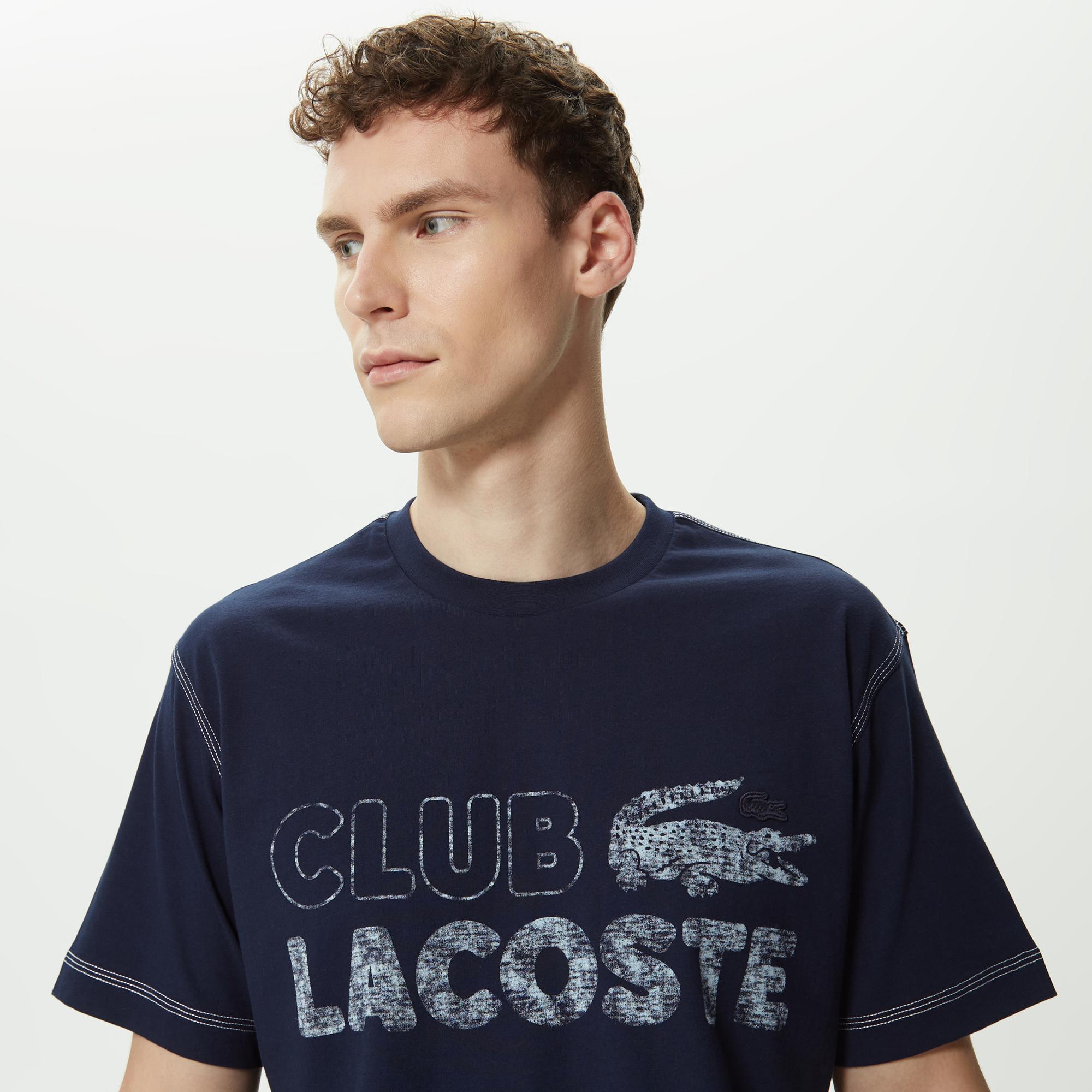 Erkek Relaxed Fit Bisiklet Yaka Baskılı Organik Pamuk Lacivert T-Shirt