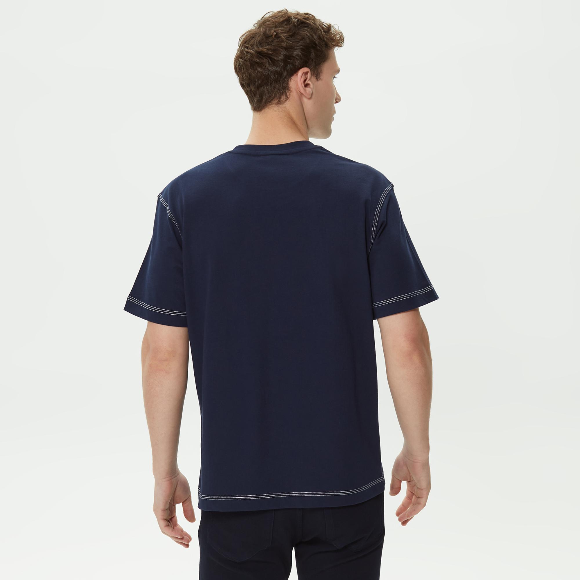 Erkek Relaxed Fit Bisiklet Yaka Baskılı Organik Pamuk Lacivert T-Shirt