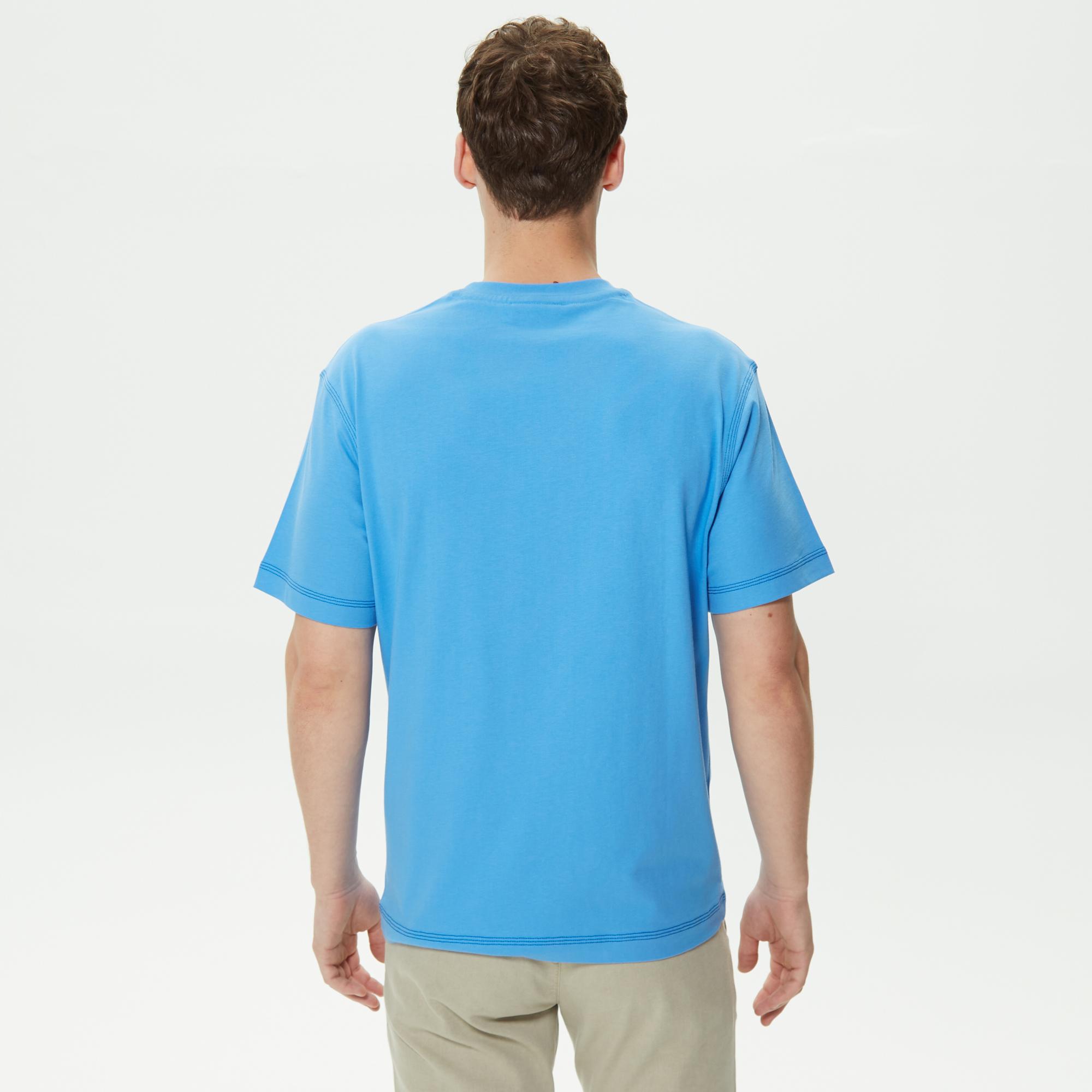 Erkek Relaxed Fit Organik Pamuk Bisiklet Yaka Baskılı Mavi T-Shirt