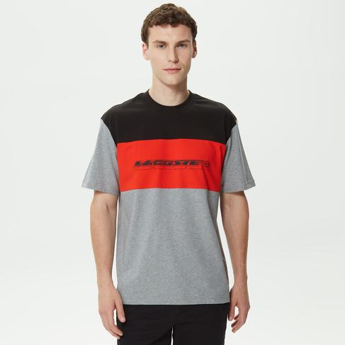  Erkek Relaxed Fit Bisiklet Yaka Renk Bloklu Gri T-Shirt