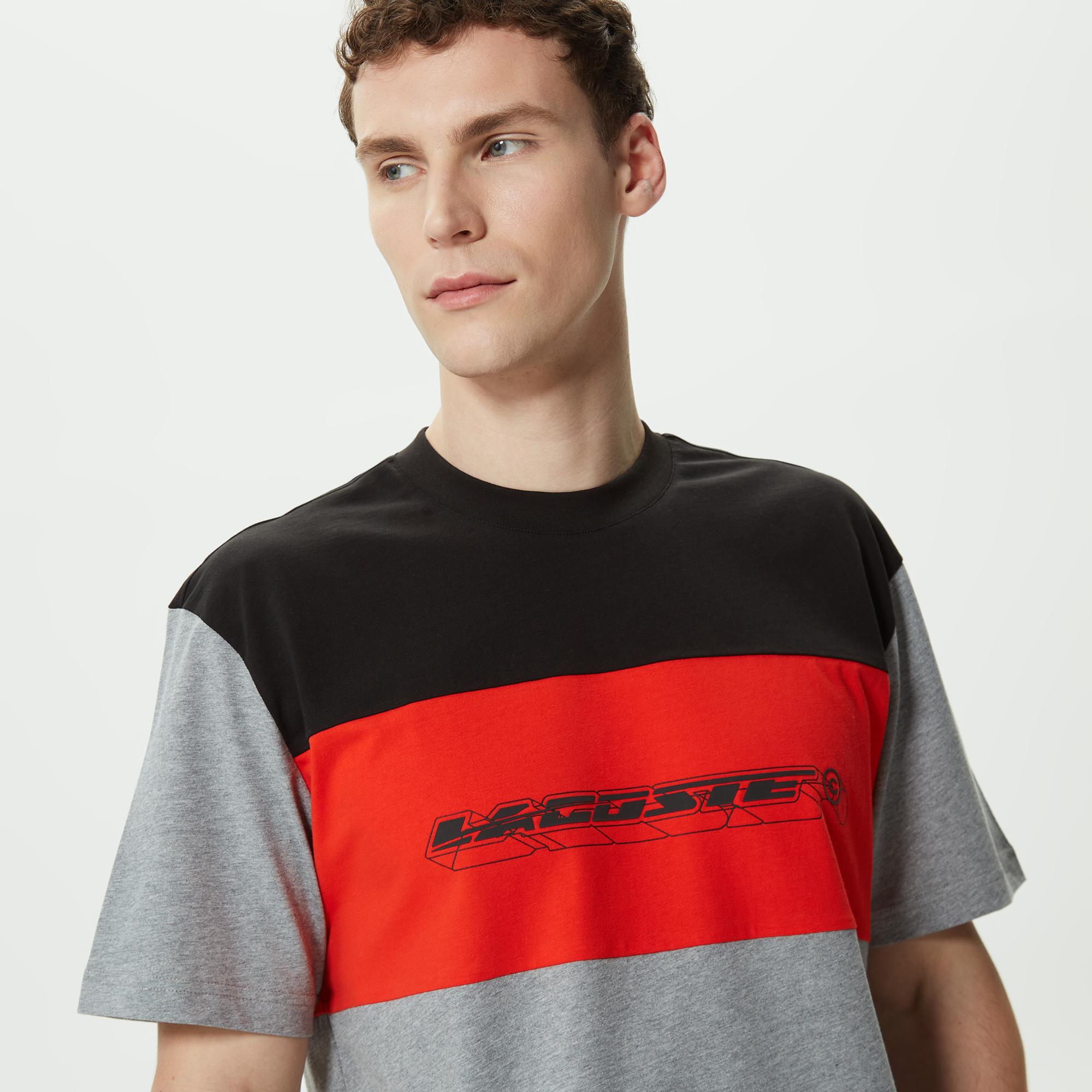 Erkek Relaxed Fit Bisiklet Yaka Renk Bloklu Gri T-Shirt