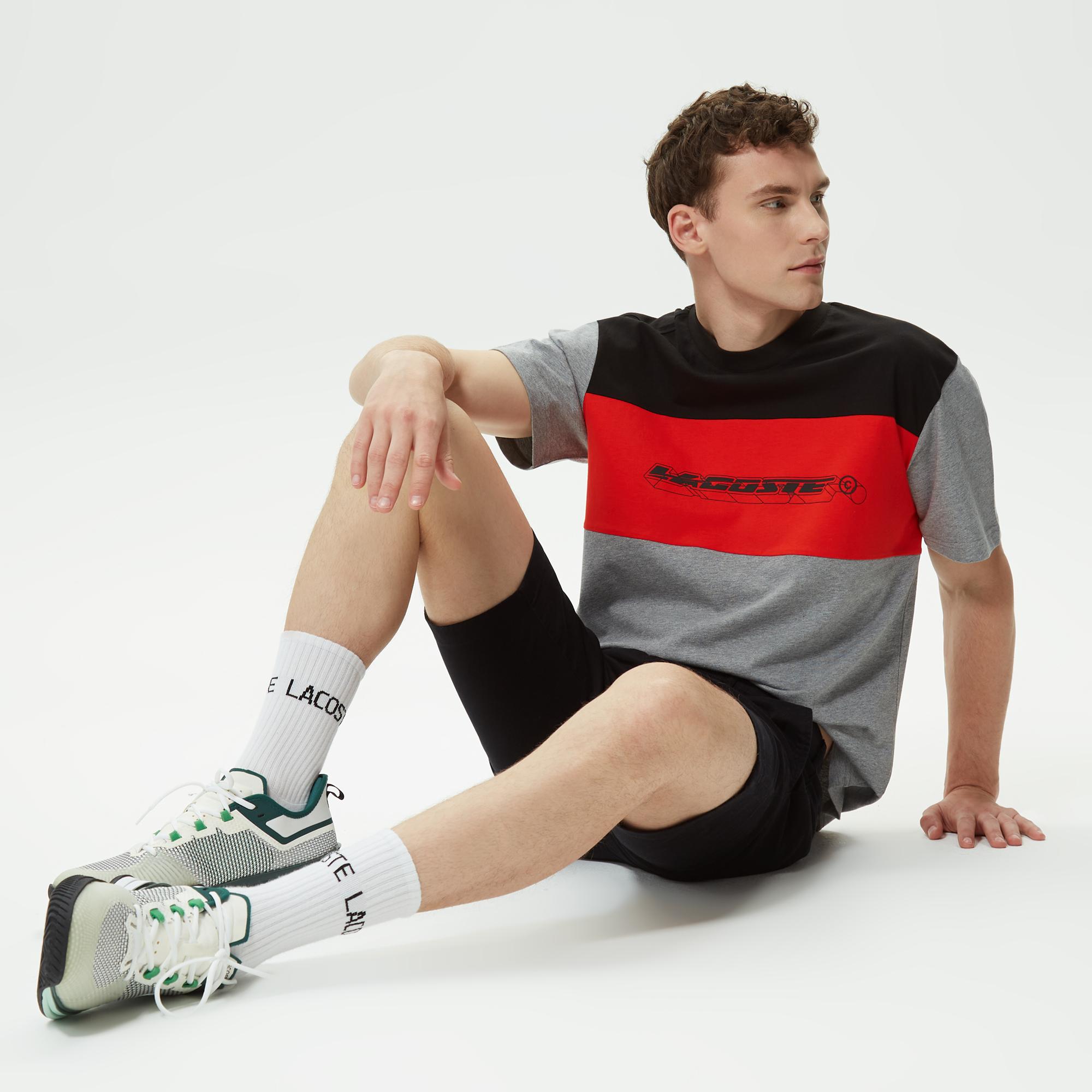 Erkek Relaxed Fit Bisiklet Yaka Renk Bloklu Gri T-Shirt