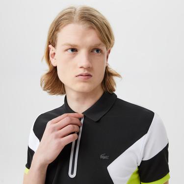  Erkek Regular Fit Yarım Fermuarlı Renk Bloklu Siyah Polo