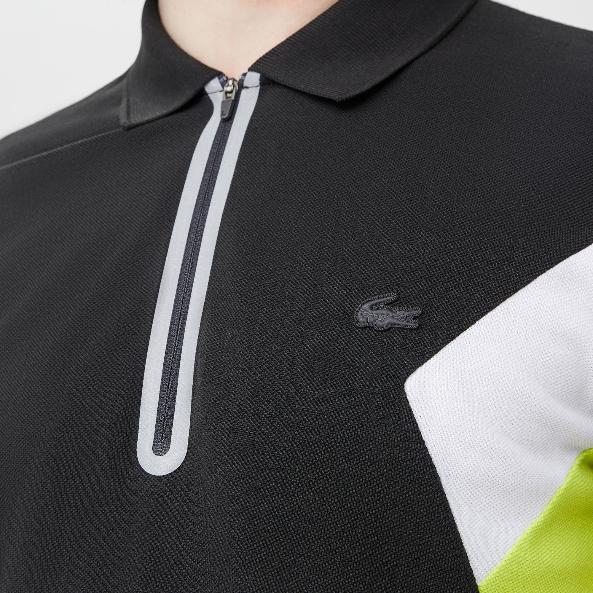 Erkek Regular Fit Yarım Fermuarlı Renk Bloklu Siyah Polo