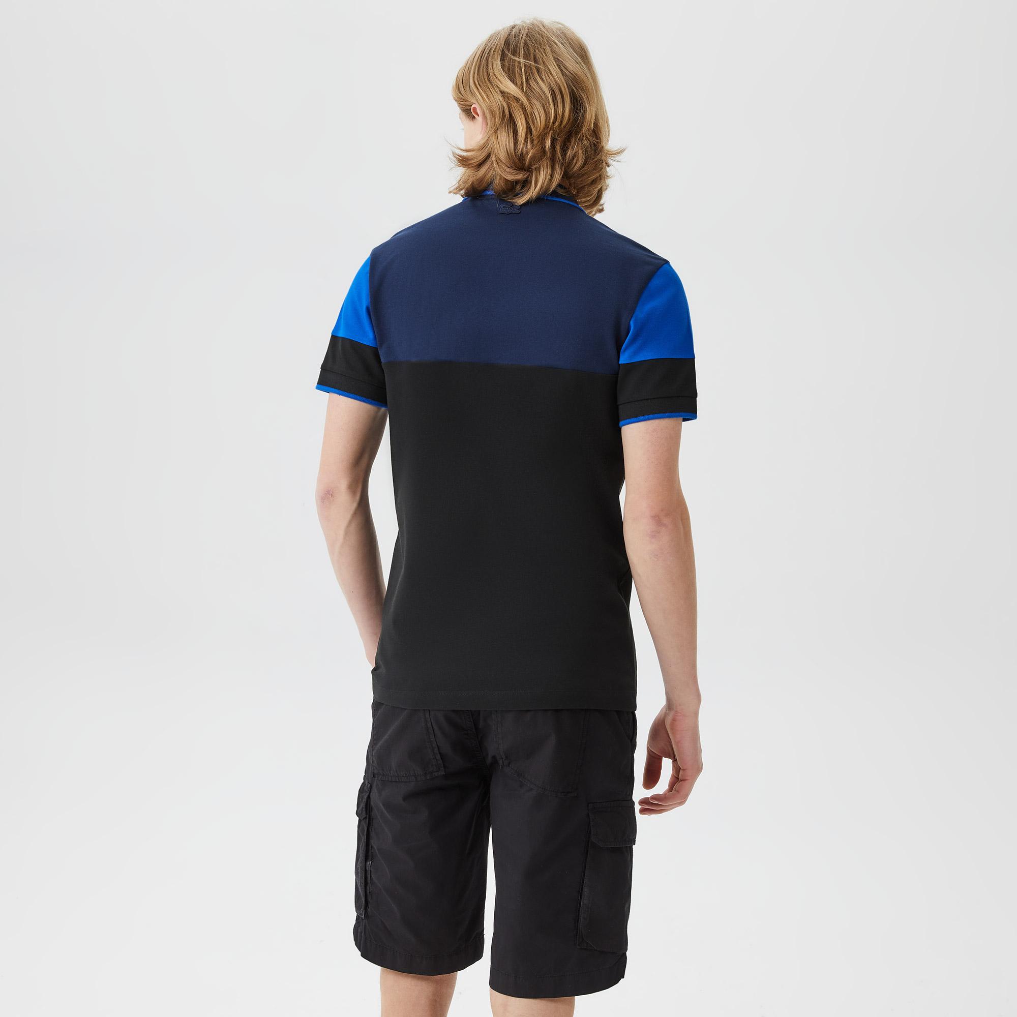 Erkek Slim Fit Renk Bloklu Siyah Polo