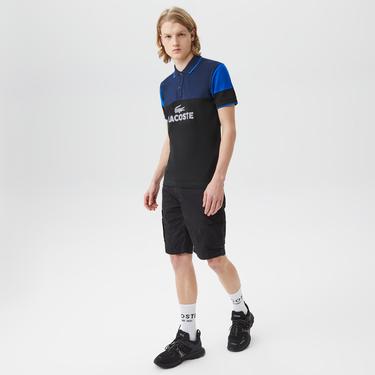  Erkek Slim Fit Renk Bloklu Siyah Polo