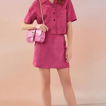  Tiberia Pembe Kadın Süet Deri Mini Etek