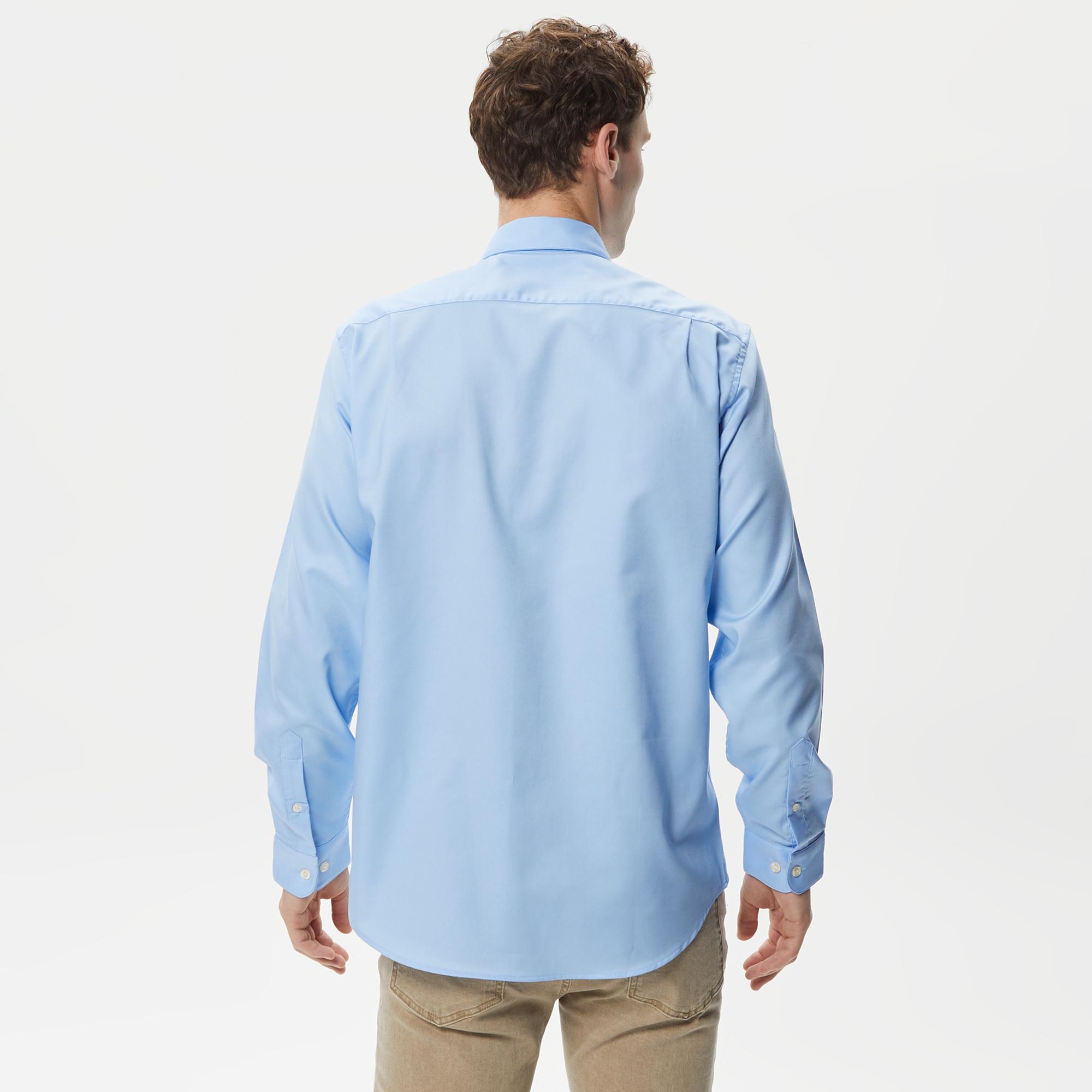 Erkek Regular Fit Düğmeli Yaka Mavi Gömlek