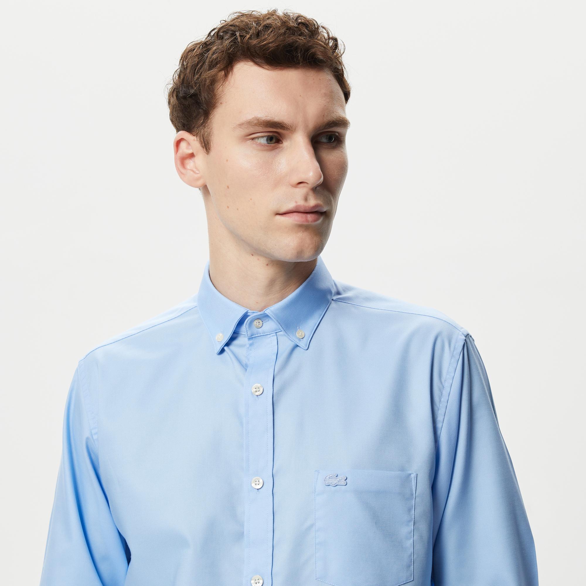 Erkek Regular Fit Düğmeli Yaka Mavi Gömlek