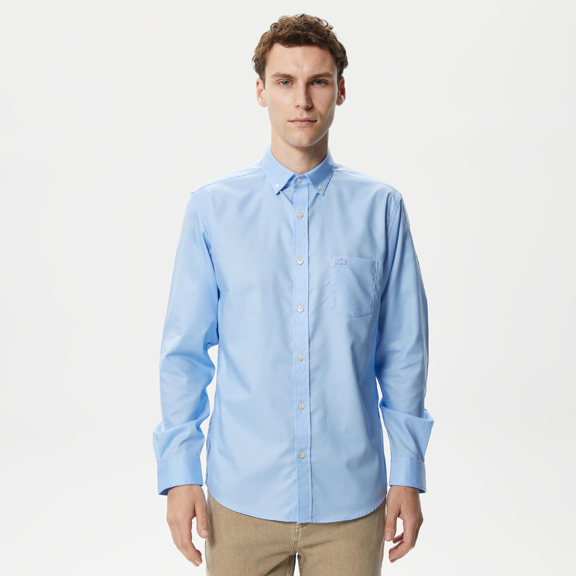 Erkek Regular Fit Düğmeli Yaka Mavi Gömlek