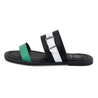  Kadın Siyah Ayarlanabilir Tokalı Deri Terlik