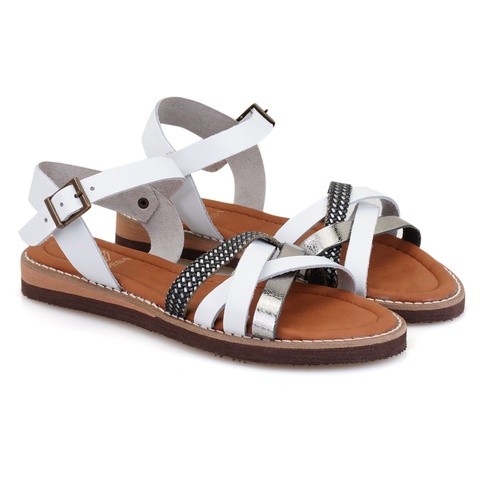  Kadın Beyaz Ayarlanabilir Tokalı Deri Sandalet