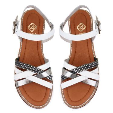  Kadın Beyaz Ayarlanabilir Tokalı Deri Sandalet