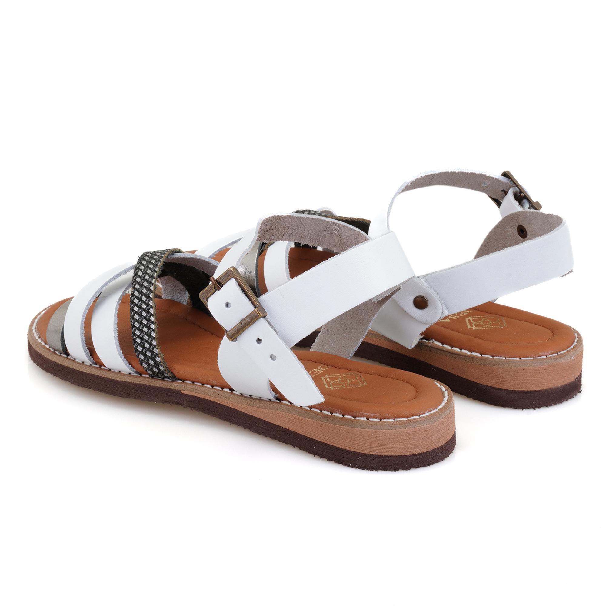 Kadın Beyaz Ayarlanabilir Tokalı Deri Sandalet