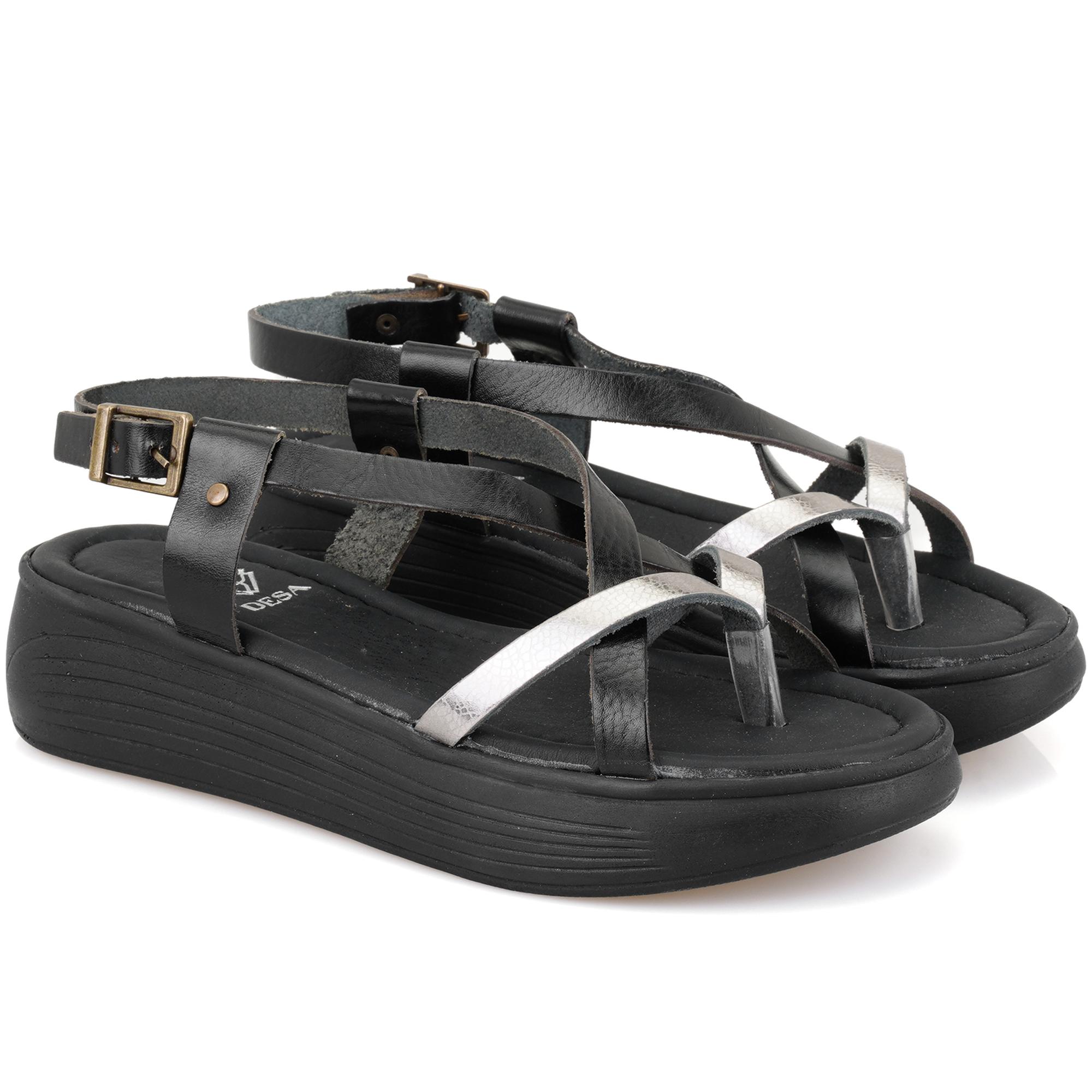 Kadın Siyah Dolgu Tabanlı Deri Sandalet