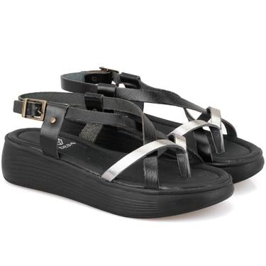  Kadın Siyah Dolgu Tabanlı Deri Sandalet