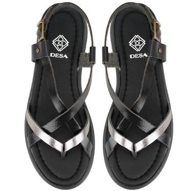  Kadın Siyah Dolgu Tabanlı Deri Sandalet