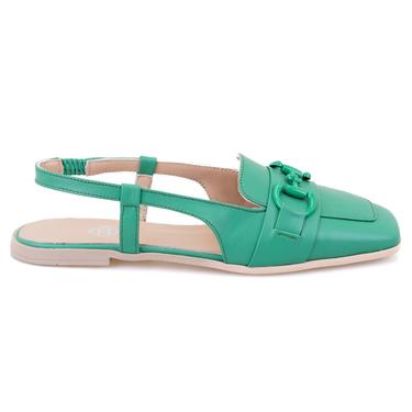  Kadın Yeşil Toka Aksesuarlı Deri Loafer