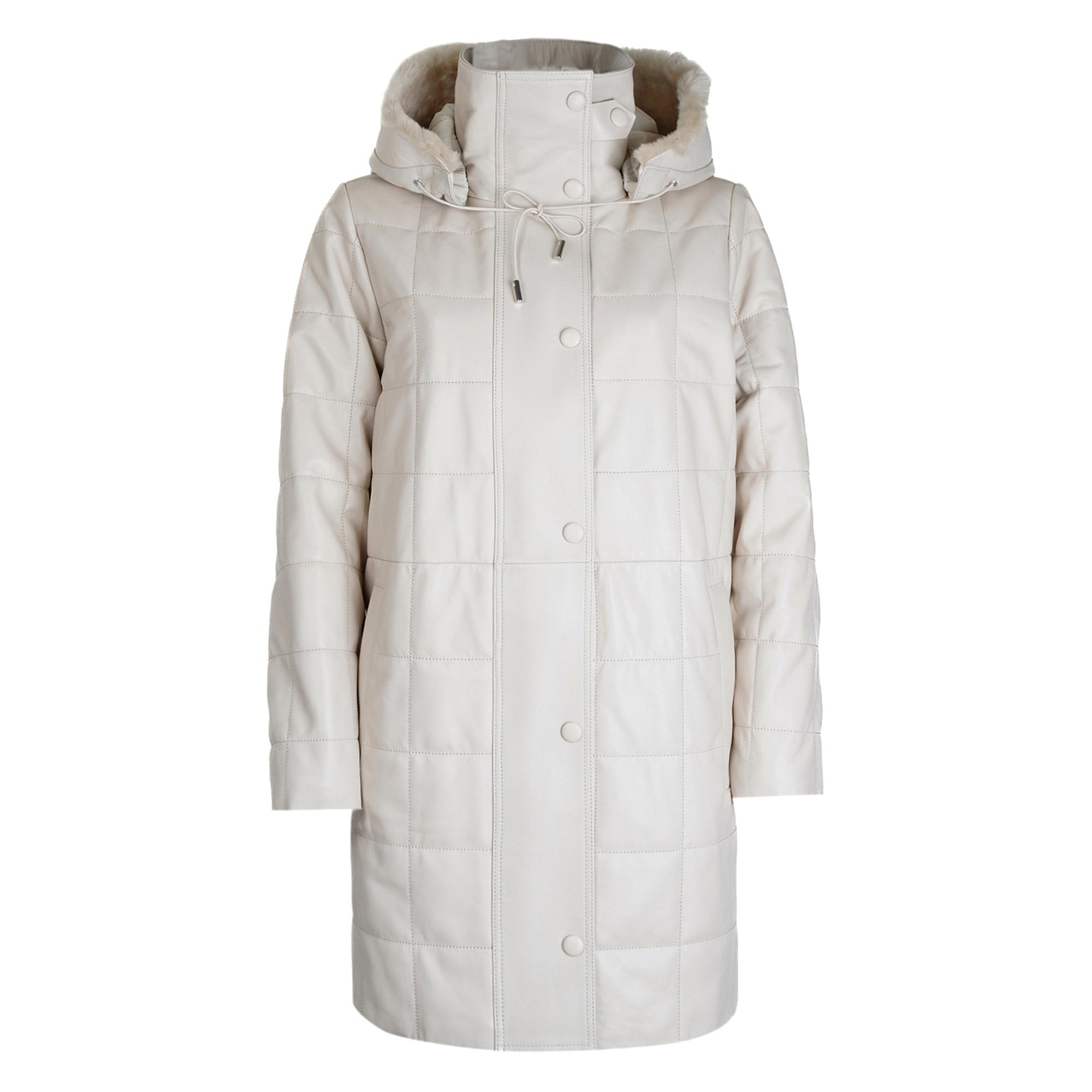 Mita Krem Kadın Kapüşonlu Deri Puffer Kaban