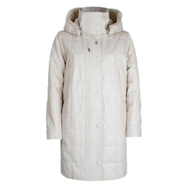  Mita Krem Kadın Kapüşonlu Deri Puffer Kaban