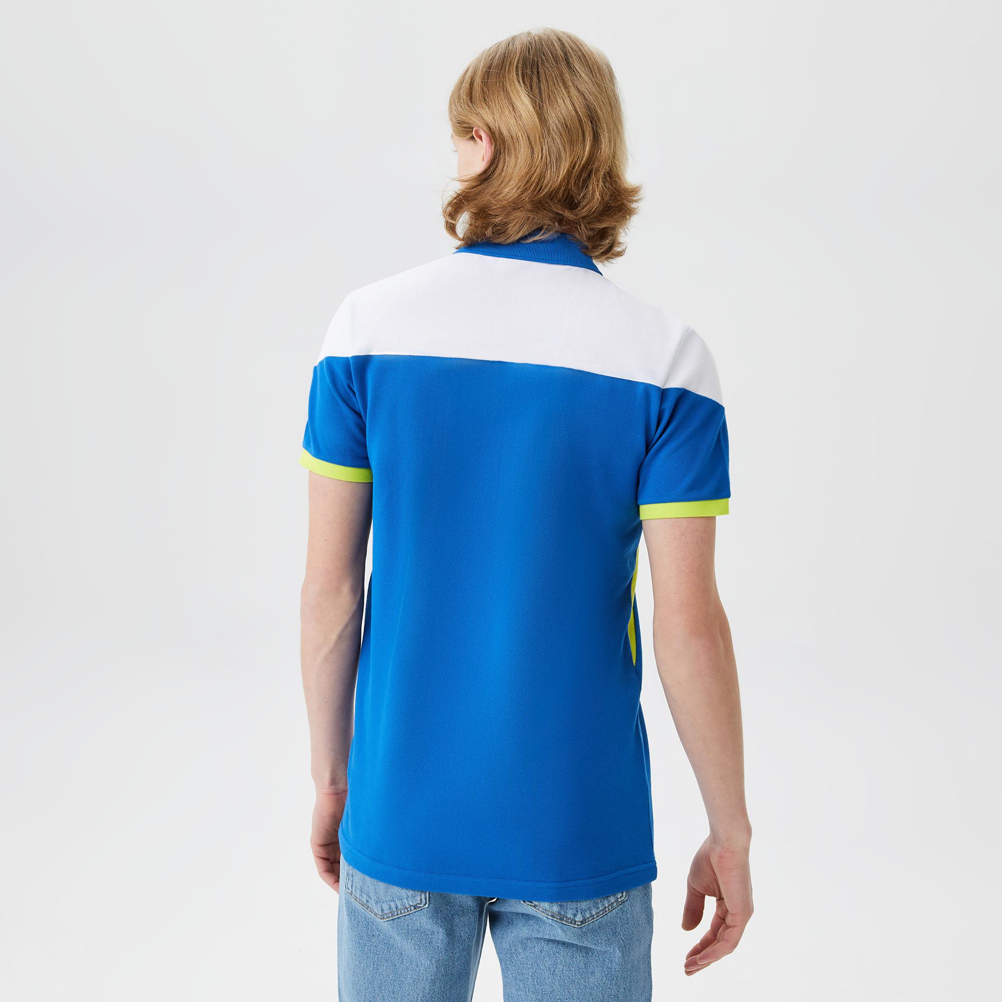 Erkek Regular Fit Yarım Fermuarlı Renk Bloklu Mavi Polo