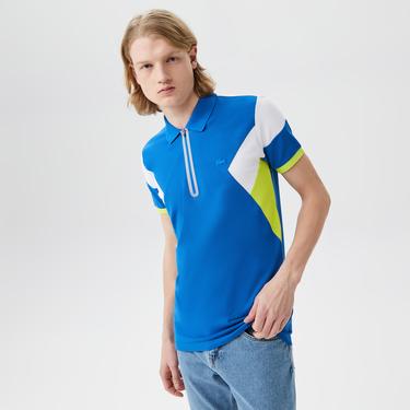  Erkek Regular Fit Yarım Fermuarlı Renk Bloklu Mavi Polo
