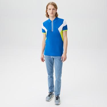  Erkek Regular Fit Yarım Fermuarlı Renk Bloklu Mavi Polo