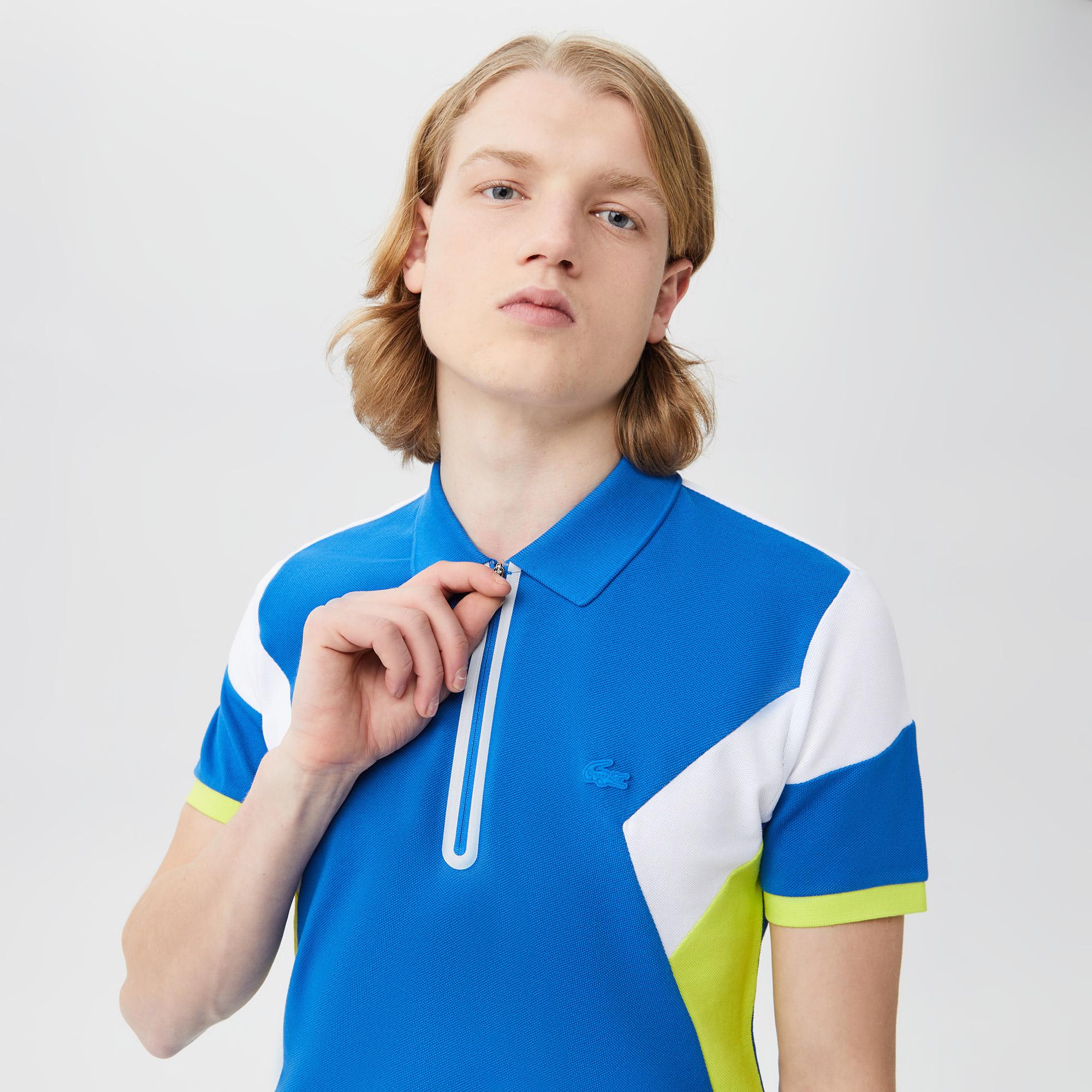 Erkek Regular Fit Yarım Fermuarlı Renk Bloklu Mavi Polo