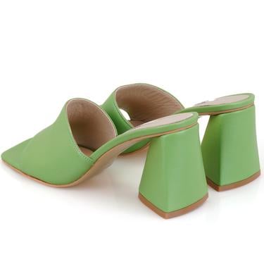  Kadın Yeşil Kalın Topuklu Deri Terlik