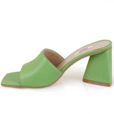  Kadın Yeşil Kalın Topuklu Deri Terlik