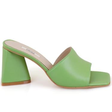  Kadın Yeşil Kalın Topuklu Deri Terlik