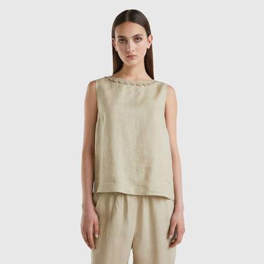  Benetton Yakası Dantelli Kolsuz Kadın Ekru Bluz