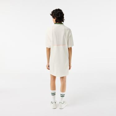  Kadın Kısa Kollu Polo Yaka Çizgili Beyaz Elbise